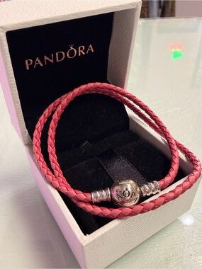 Pandora 2 Tone Pink Leather Wrap Bracelet in Box